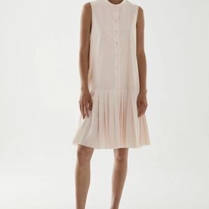 COS Cotton Blend Pleated Drop Waist Minimilist Dress Pockets, Size 8 Cream